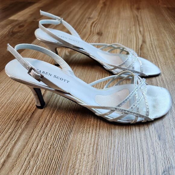 💜Karen Scott Silver Rhinestone Racquel Strappy Kitten Heels Size 8.5 - Picture 4 of 10
